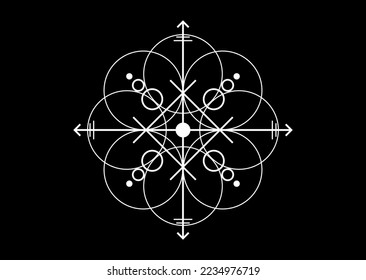 sacred seal of powerful energy, sigil for protection with geometric shapes and mystical arrows, vector white tattoo cross symbol isolated on black background