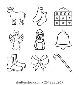 Sacred seasonal icons such as advent calendar angel baby Jesus bell boots bow candy cane socks and Christmas sheep Vector line art on white background.
