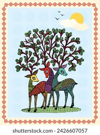 Sacred Serenity, Deer Amidst Nature in Madhubani Art. Serene Deer Motif. Nature-inspired Madhubani Design. Vibrant Wildlife Illustration.