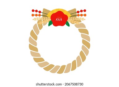Sacred Shinto rope of rice straw "Shimekazari" frame template. Design for New year's card. Japanese holiday season cute decoration wreath with copy space.