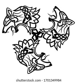 Sacred sign of Vikings. Three animals. Ancient Nordic style. Triskelion. Triskele. Vector illustration of the Scandinavian myths. Northern culture. Black Scandinavian tribal tattoo. Celtic sketch.