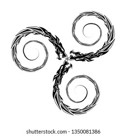 Sacred sign of Vikings. Three dragons. Force amulet. Celtic symbol. Ancient Nordic style. Triskelion. Triskele. Valknut. Black Scandinavian tattoo. Vector illustration.