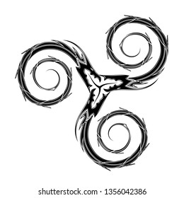 Sacred sign of Vikings. Three dragons. Force amulet. Celtic symbol. Ancient Nordic style. Triskelion. Triskele. Valknut. Black Scandinavian tattoo. Elements of the nature.Vector illustration.
