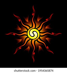 Sacred spiritual symbol of solar energy and sun power. Psychedelic mandala in style visionary art. Abstract spirals and fire on black background. Vector.