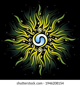 Sacred spiritual symbol of sun and life. Psychedelic mandala in style visionary art. Elements of abstract swirls and plants. Vector.