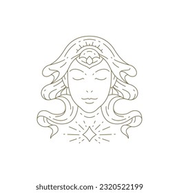 Cara sagrada de mujer espiritual con el cabello rizado brillante línea mínima de belleza de la línea de la ilustración vectorial del logo. Icono de retrato femenino de fantasía bohemia mágica emblema para meditación médica de spa de peluquería