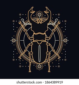 Sacred stag beetle with celestial design elements - insect illustrated with gold and white lines on black background