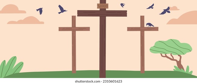 Sacred Symbol Of Christianity, Three Crosses On Calvary Represents The Crucifixion Of Jesus Christ, Embodying Sacrifice