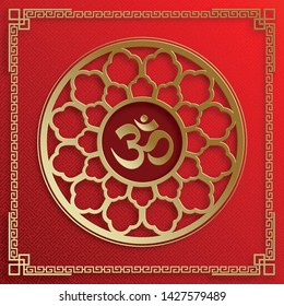 Sacred symbol in gold with gold flower of life on red background and ohm logo for, banner, poster, web, (translate : Ohm)
