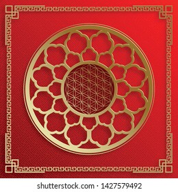 Sacred symbol in gold with gold flower of life on red background and ohm logo for, banner, poster, web, (translate : Ohm)