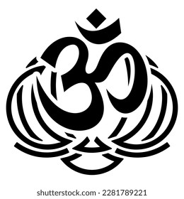 The sacred symbol OM on lotus flower. Element for design. Vector monochrome illustration.