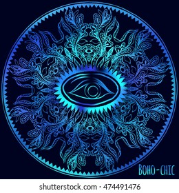 Sacred  symbol seeing eye . Mystic, alchemy, occult concept. Design for indie music cover, t-shirt , psychedelic poster,  Astrology, esoteric. decorated with patterned mandala