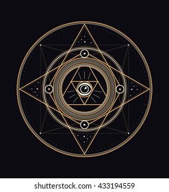 Sacred Symbols Design - Abstract Geometric Illustration - Gold and White Elements on Dark Background