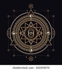 Sacred Symbols Design - Abstract Geometric Illustration - Gold and White Elements on Dark Background