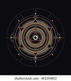 Sacred Symbols Design - Abstract Geometric Illustration - Gold and White Elements on Dark Background