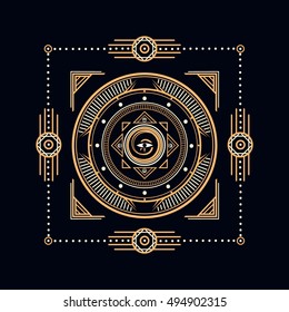 Sacred Symbols Design - Abstract Geometric Illustration - Gold and White Elements on Dark Background. Sacred geometry vector. 