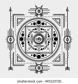 Sacred Symbols Design - Abstract Geometric Illustration - Gold and White Elements on Dark Background. Sacred geometry vector. 