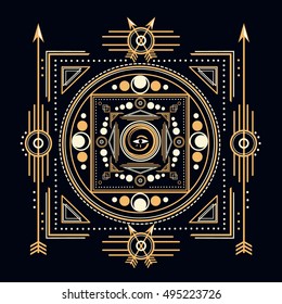 Sacred Symbols Design - Abstract Geometric Illustration - Gold and White Elements on Dark Background. Sacred geometry vector. 
