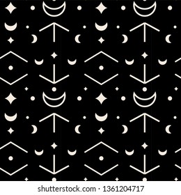 Sacred symbols geometry. Moon, triangles, stars. Vector seamless pattern black background.