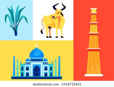 Sacred Symbols of India - set of flat design style illustrations. Colored images of Qutab Minar, Taj Mahal, animal cow and exotic plant. Architectural monument, tourism and attractions idea