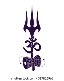 sacred symbols of traditional yoga and lord shiva, trishul, sound om and drum damaru, stencil, vector EPS 8
