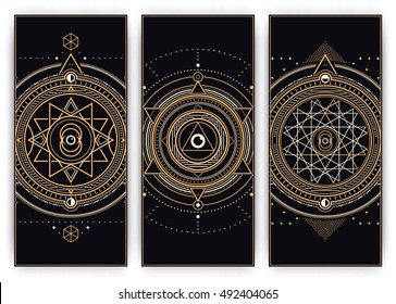 Sacred Symbols Web Banner Set - Gold and White Design Elements on Dark Background