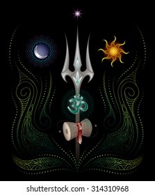 Sacred Symbols Of Yoga And Lord Shiva, Trishul, Sound Om And Drum Damaru, Sun, Moon, Star, Geometric And Floral Pattern, Black Background, Use Opacity Mask, Vector EPS 10