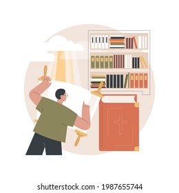 Sacred text abstract concept vector illustration. Ancient text, old bible, religious tradition, holy book, torah scroll, man prays, mythology, legends and folklore, library abstract metaphor.