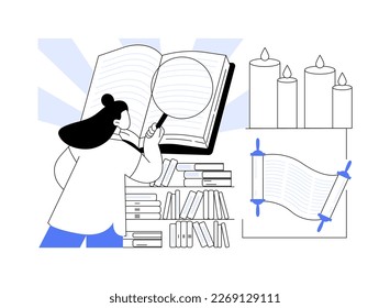 Sacred text abstract concept vector illustration. Ancient text, old bible, religious tradition, holy book, torah scroll, man prays, mythology, legends and folklore, library abstract metaphor.