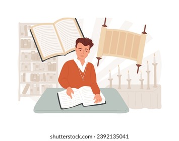 Sacred text isolated concept vector illustration. Ancient text, old bible, religious tradition, holy book, torah scroll, man prays, mythology, legends and folklore, library vector concept.