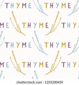 Sacred Thyme Herb Leaf Seamless Vector Pattern. Hand Drawn Spiritual Plant Symbols Illustration with Paper Cut Typography. Nature Healing Plant for Tea Packaging Background. Isolated Yellow Green 