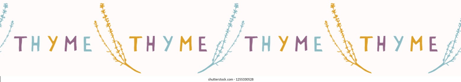 Sacred Thyme Herb Leaf Seamless Vector Border. Hand Drawn Spiritual Plant Symbols Illustration with Paper Cut Typography. Nature Healing Plant for Tea Packaging Banner. Isolated Yellow Green 