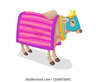 Sacred traditional Indian animal in Hinduism, Jainism, Zoroastrianism, indian sacred cow with patterned cloak. Incarnation of abundance, purity, holiness, earthly goods. Vector illustration.