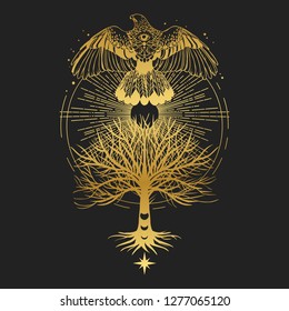 Sacred tree and bird of prey. Vector hand drawn llustration