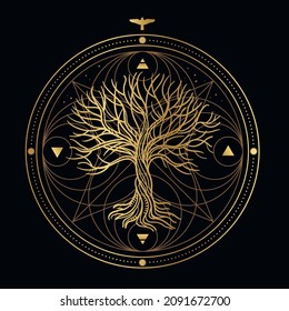 Sacred tree in the circle of elements of nature. Vector illustration