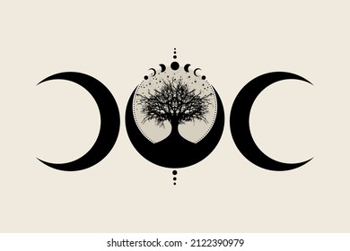 Sacred tree and crescent moon. Hand drawn Mystical Moon Phases, tree of life, Sacred geometry. Wicca banner old sign, energy circle, boho style vector isolated on vintage background