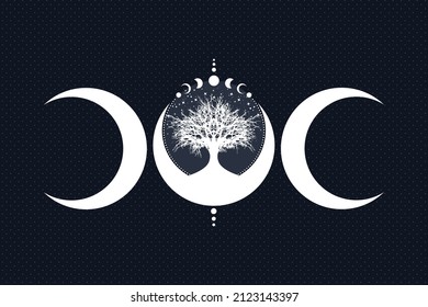 Sacred tree and crescent moon. Hand drawn Mystical Moon Phases, tree of life, Sacred geometry. Wicca banner old sign, energy circle, boho style vector isolated on blue vintage background