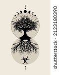 Sacred tree and crescent moon. Triple Goddess Mystical Moon Phases, tree of life, Sacred geometry. Mother Earth Wicca banner old sign, energy circle, boho style vector isolated on vintage background