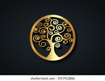 Sacred Tree, gold round tree of life icon,  natural logo and gold tree ecology illustration symbol sign vector design isolated on black background, abstract golden luxury blossoming swirl tree