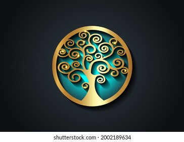 Sacred Tree, gold round tree of life icon,  natural logo and tree  ecology illustration symbol sign vector design isolated on black background, abstract golden and blue luxury blossoming swirl tree