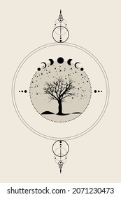 Sacred tree. Hand drawn Mystical Moon Phases, tree of life, Sacred geometry. Wicca banner old sign, energy circle, boho style vector isolated on vintage background