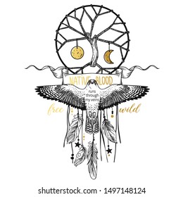 Sacred tree and hawk. Vector hand drawn illustration on white background. T-shirt print, tattoo sketch, card design etc.