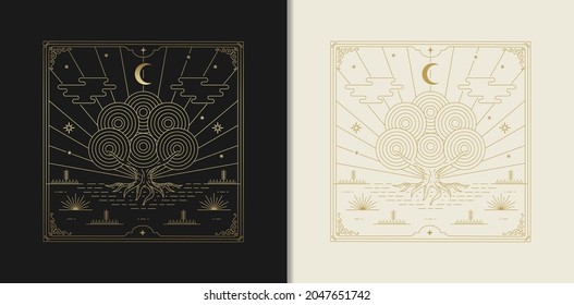 Sacred Tree Of Life With Crescent Moon At Starry Night Sky In Golden Engraving, Hand Drawn, Line Art, Luxury, Celestial, Esoteric, Boho Style