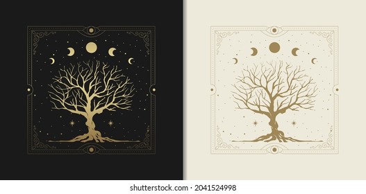 Árbol sagrado de la vida con fase lunar en grabado, dibujado a mano, lujo, celeste, esotérico, estilo boho, apto para espiritualista, religioso, paranormal, lector de tarot, astrólogo o tatuaje