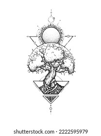 Sacred tree of life with sun, abstract engraved art. Mystic nature concept with oak and sun in triangle shapes, vector sketch illustration. Hand drawn emblem with tree, esoteric tattoo pattern