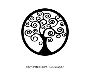 Sacred Tree, round tree of life icon,  natural logo and black tree ecology illustration symbol sign vector design isolated on white background, abstract blossoming swirl tree