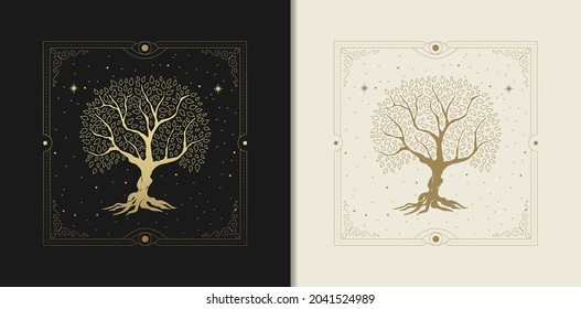 Sacred tree at starry night in engraving, hand drawn, luxury, celestial, esoteric, boho style, fit for spiritualist, religious, paranormal, tarot reader, astrologer or tattoo