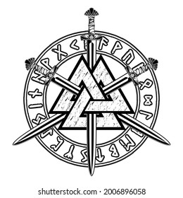 Heilige Viking-Symbole. Magic Navigation Vikings Kompass. Runic Talisman. Waffe des keltischen Kriegers. Skandinavische Mythen. Vektorgrafik für T-Shirt-Druck. Schwarzes Tattoo. Triskelion. Triskele. Schwert.