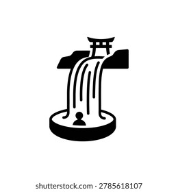 Sacred Waterfall Bathing Ritual Icon. Black filled icon of a natural flowing waterfall depicting a spiritual cleansing or bathing ritual