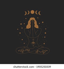 Sacred Witch or magic woman and mystical Symbols. Flat vector illustration. Ornament beautiful girl in a yoga pose. Lotus meditation. International yoga day card. Vector illustration.